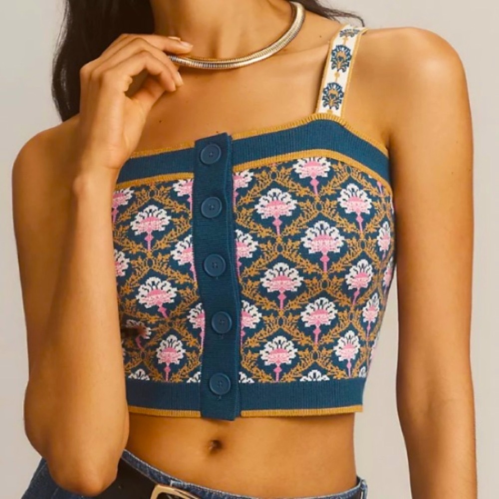 Anthropologie Floral Knit Button-Up Top